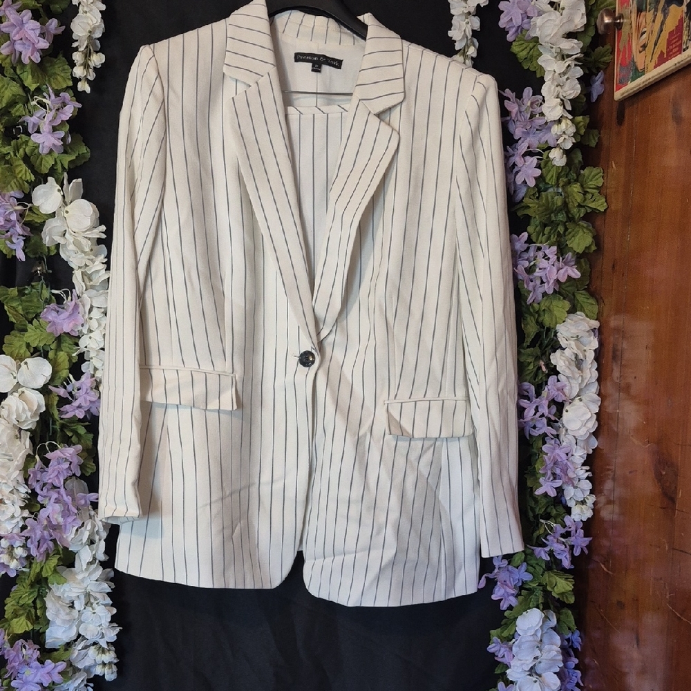 Striped Single-Button Blazer in Ivory with Navy Pinstripes